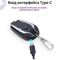 Аккумулятор powerbank мини, брелок внешний для ключей с разъемом Черный Type C, до 1400 mAh